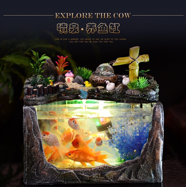 假山流水養魚缸家居裝飾擺件