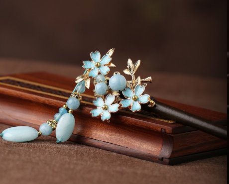 藍色小花發(fā)簪，清秀雅致的古風頭飾
