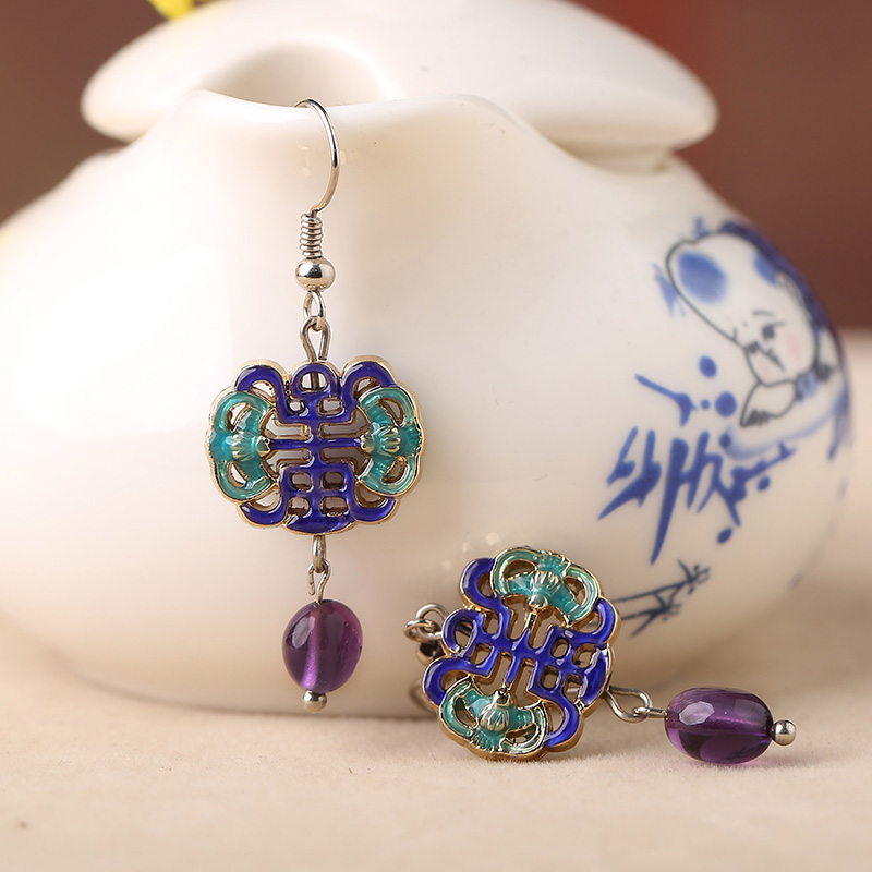 古典景泰藍(lán)耳環(huán)，紫水晶吊墜耳環(huán)首飾