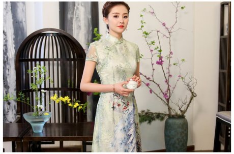 奧黛風綠孔雀旗袍，蕾絲短袖旗袍裙!