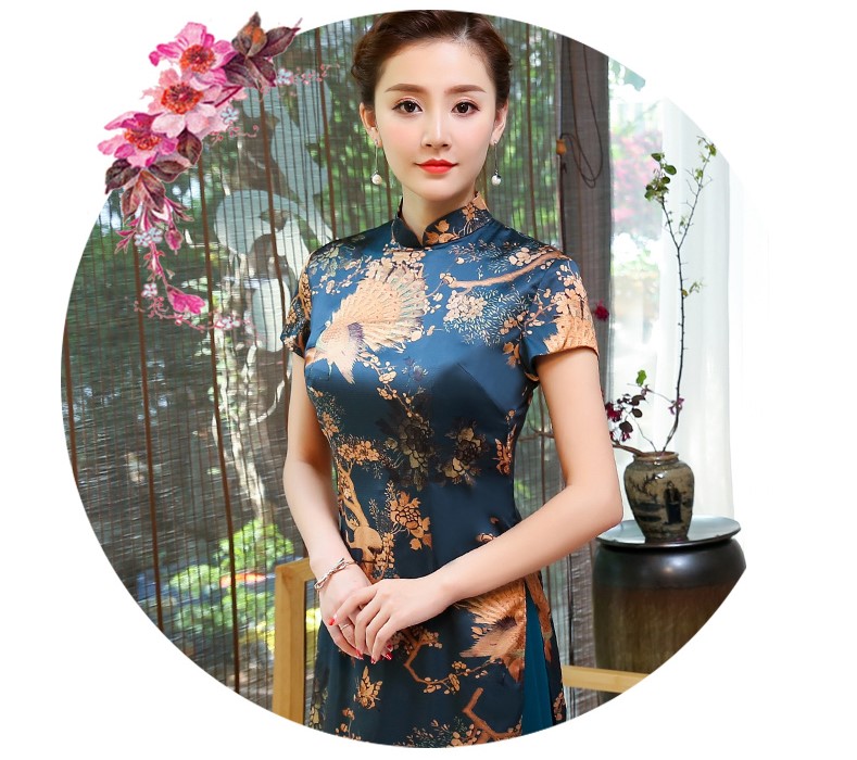 吉祥孔雀圖旗袍，中國風奧黛旗袍裙