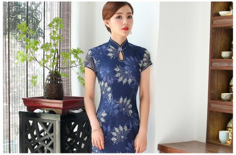 念花蕾絲旗袍，時(shí)尚魚(yú)尾旗袍裙
