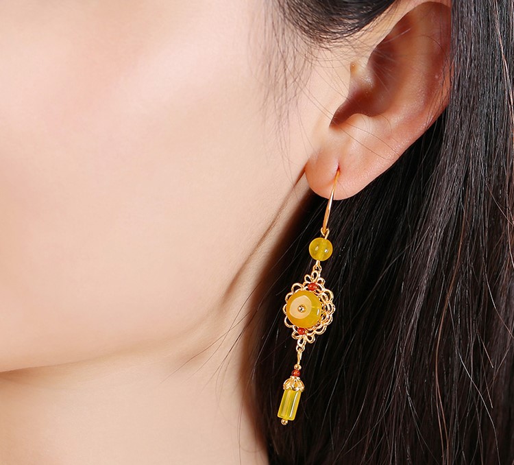 耀眼黃色瑪瑙耳環(huán)，氣質(zhì)高貴耳環(huán)