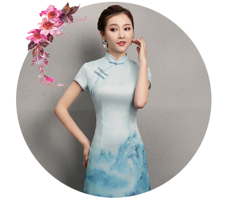 藍(lán)墨中國(guó)風(fēng)旗袍，時(shí)尚中式旗袍裙