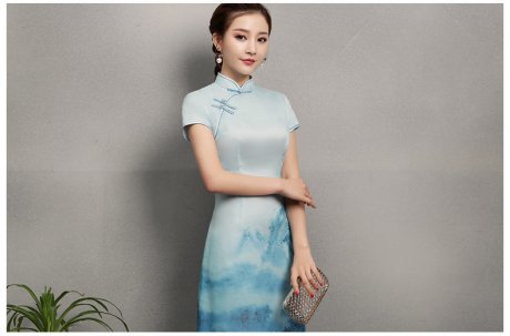 藍(lán)墨中國(guó)風(fēng)旗袍，時(shí)尚中式旗袍裙