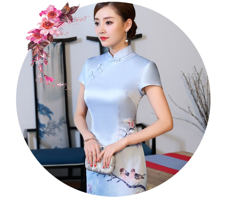 優雅蘭花藍色旗袍，淡雅清新旗袍裙