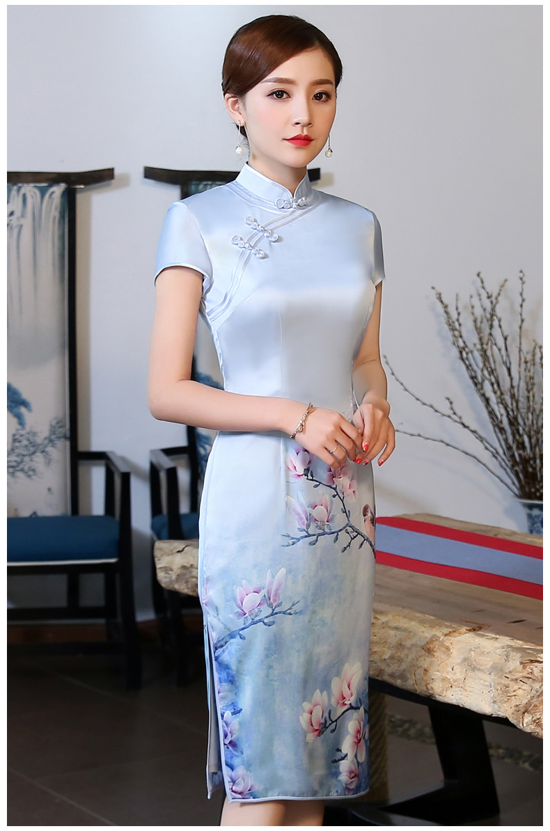優雅蘭花藍色旗袍，淡雅清新旗袍裙