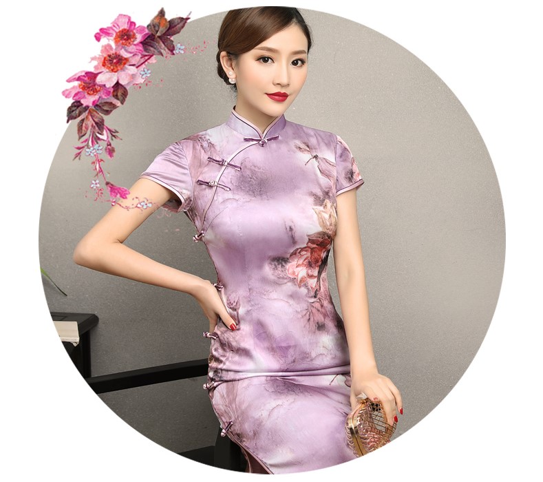 淡紫清新印花旗袍，高貴典雅旗袍裙