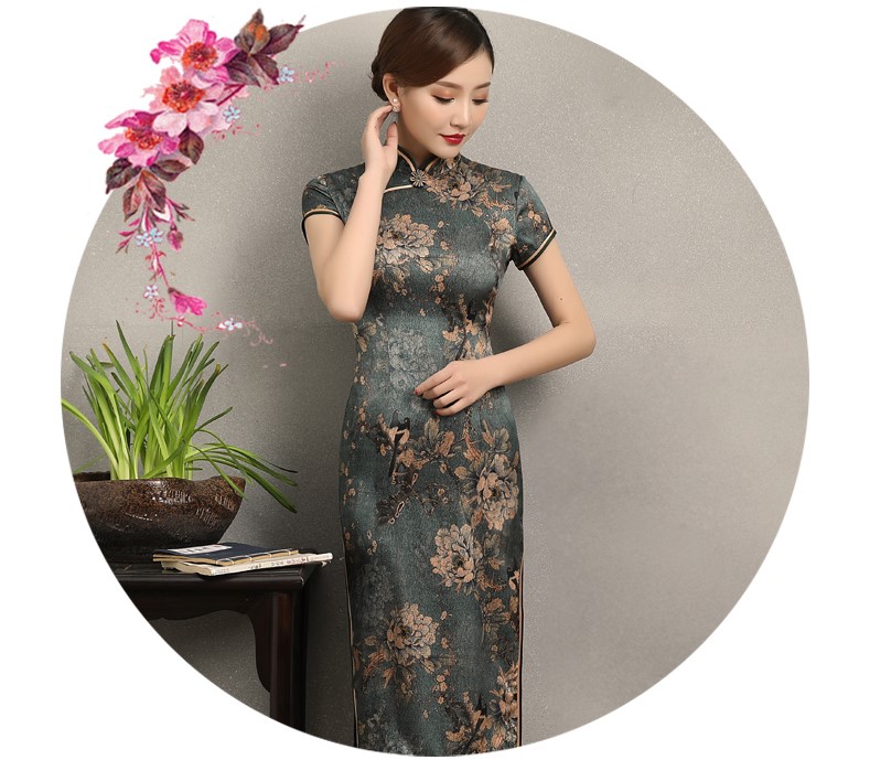 中國風花牡丹旗袍，復古典雅修身旗袍裙