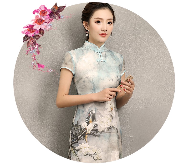 清雅華貴白玉蘭旗袍，復古真絲旗袍裙