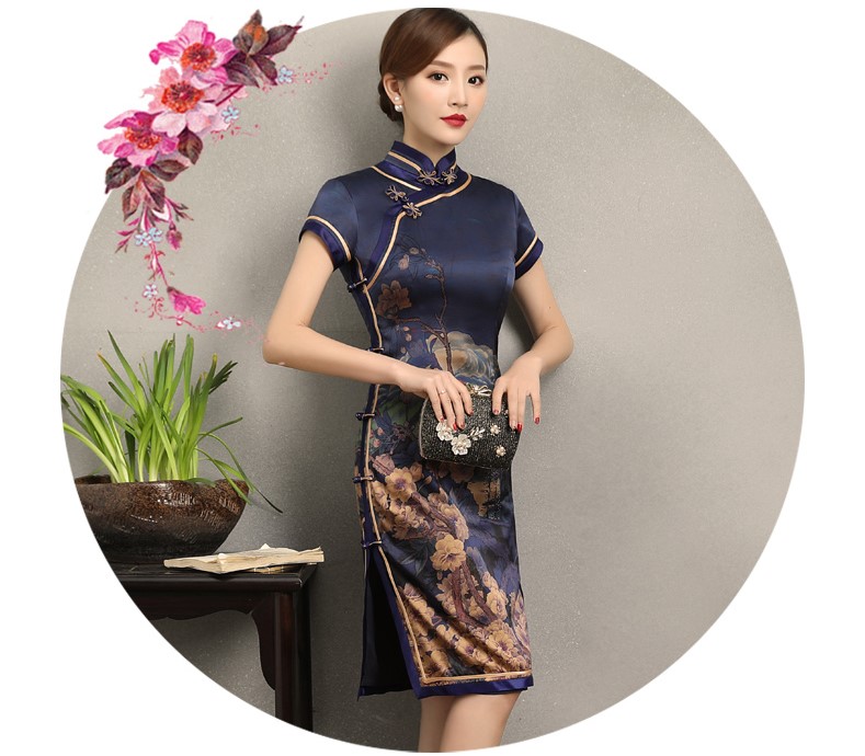 嫻云真絲旗袍，氣質印花雅致旗袍裙