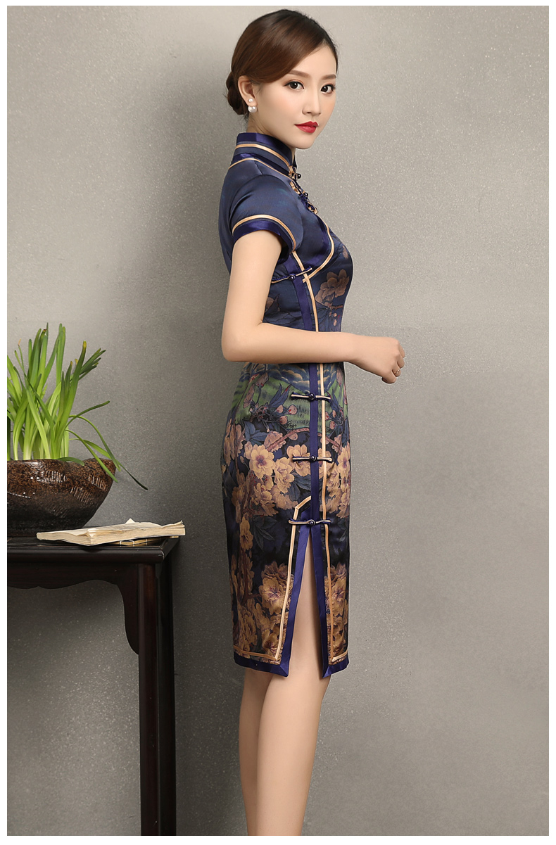 嫻云真絲旗袍，氣質印花雅致旗袍裙