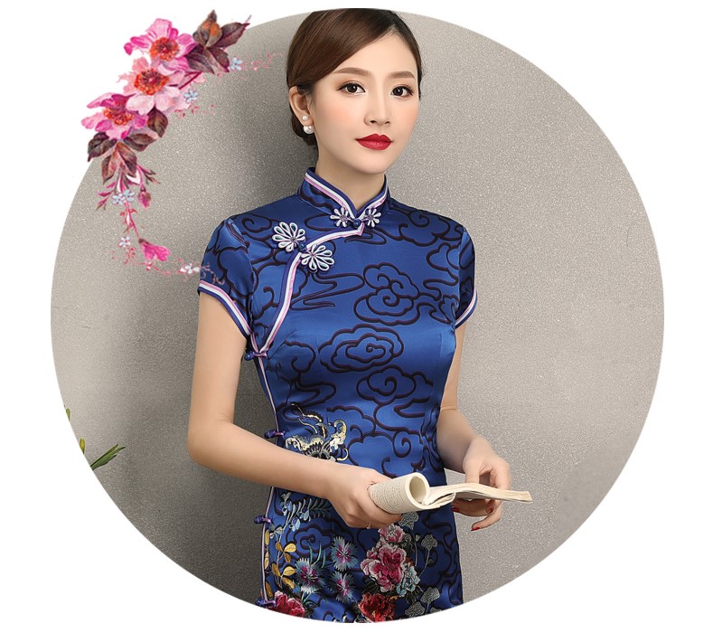 藍云真絲旗袍，古典祥云旗袍裙