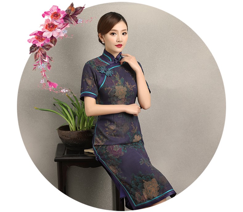 紫韻真絲香云紗旗袍，復古改良短袖旗袍裙