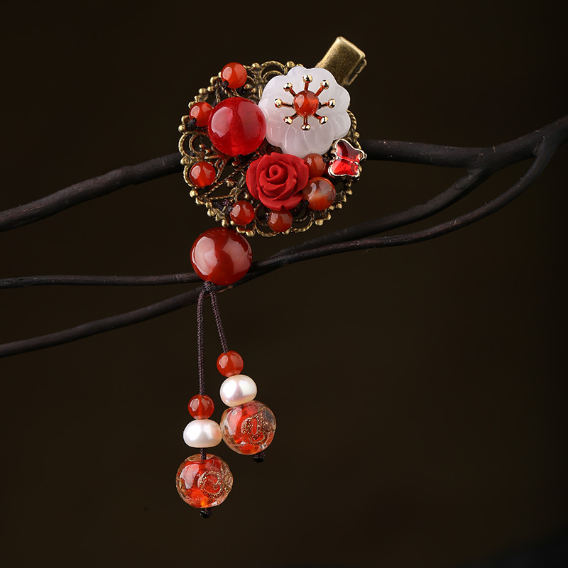 半天朱霞發(fā)夾：嬌艷紅色古風發(fā)夾頭飾