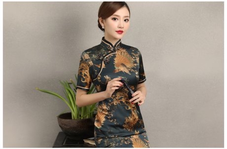 墨綠印花復古短袖旗袍，優雅浪漫旗袍圖片