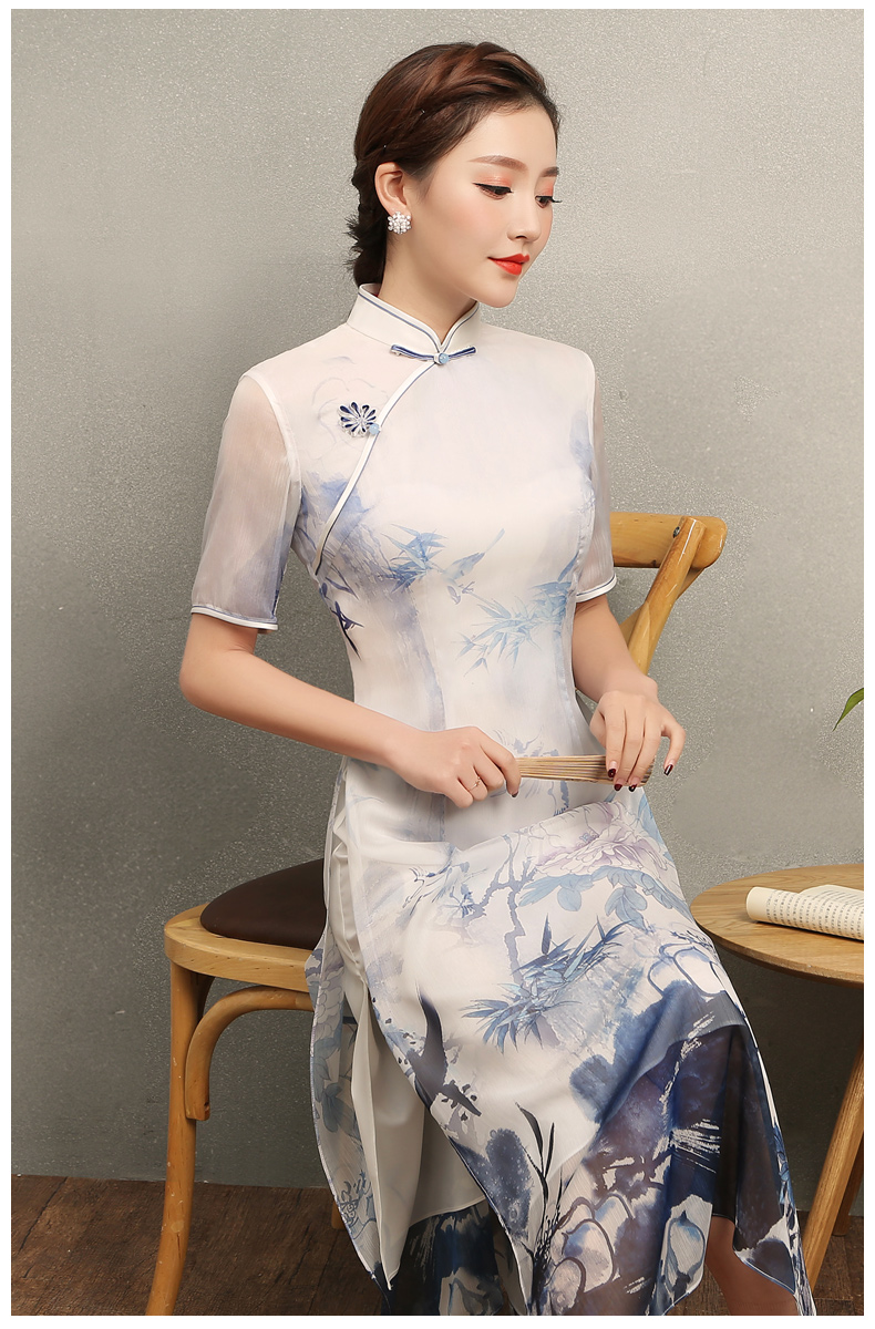 藍伊水墨印花旗袍，中式修身短袖旗袍裙