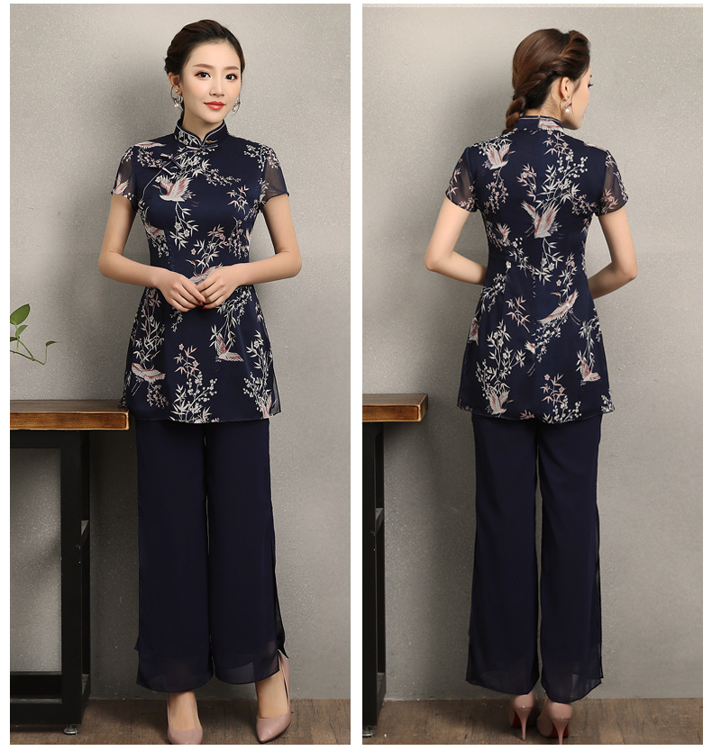 祥鶴印花中式旗袍，唐風(fēng)茶服旗袍上衣圖片