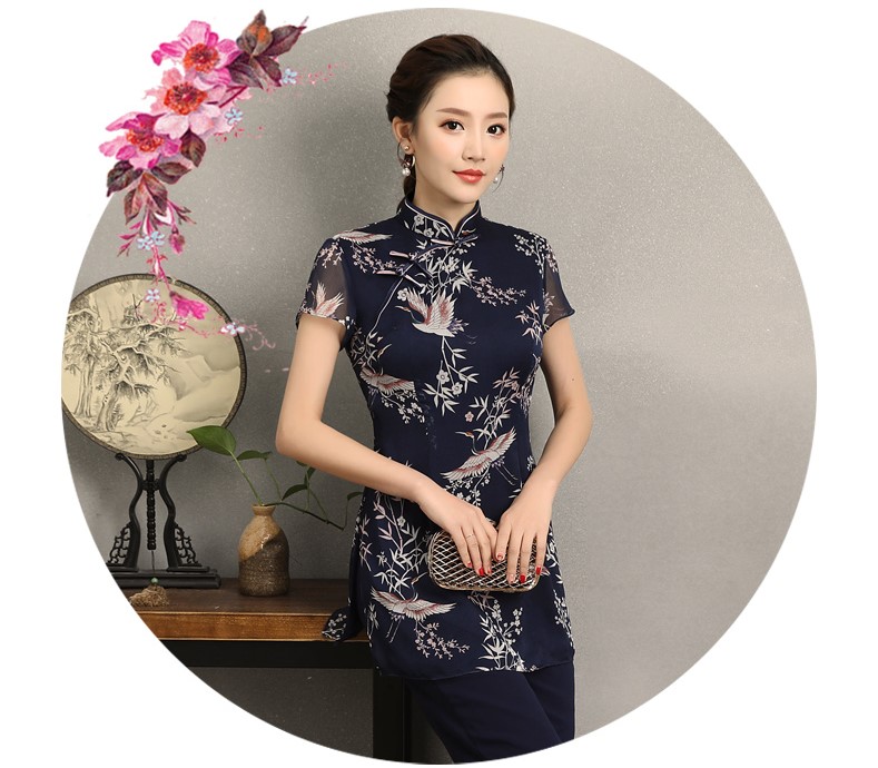 祥鶴印花中式旗袍，唐風(fēng)茶服旗袍上衣圖片
