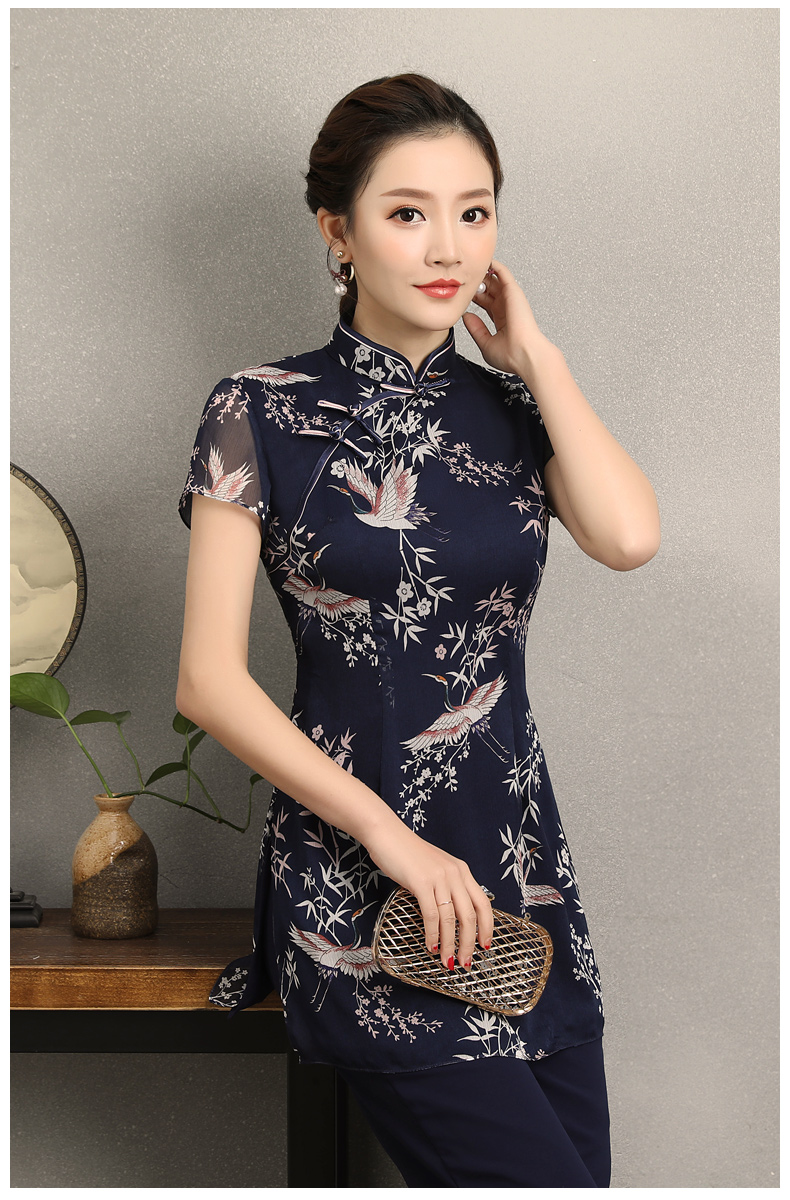 祥鶴印花中式旗袍，唐風(fēng)茶服旗袍上衣圖片
