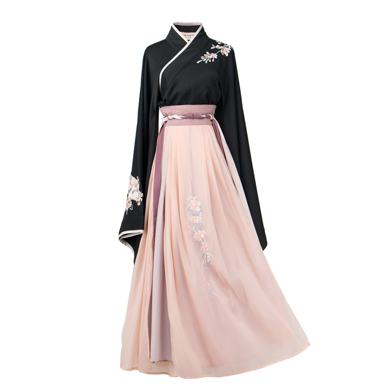 折扇刺繡大袖交領襦裙?jié)h服，端莊牡丹繡花漢服