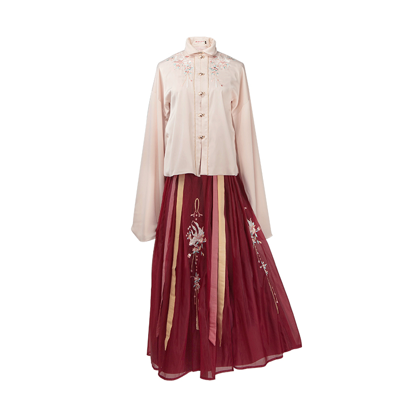 金魚(yú)戲水刺繡漢服，傳統(tǒng)立領(lǐng)紅裙?jié)h服圖片