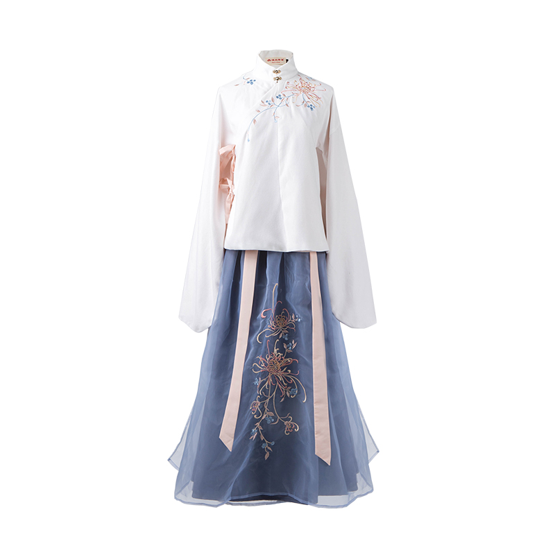 立領斜襟襖裙漢服，淡雅脫俗菊花刺繡漢服