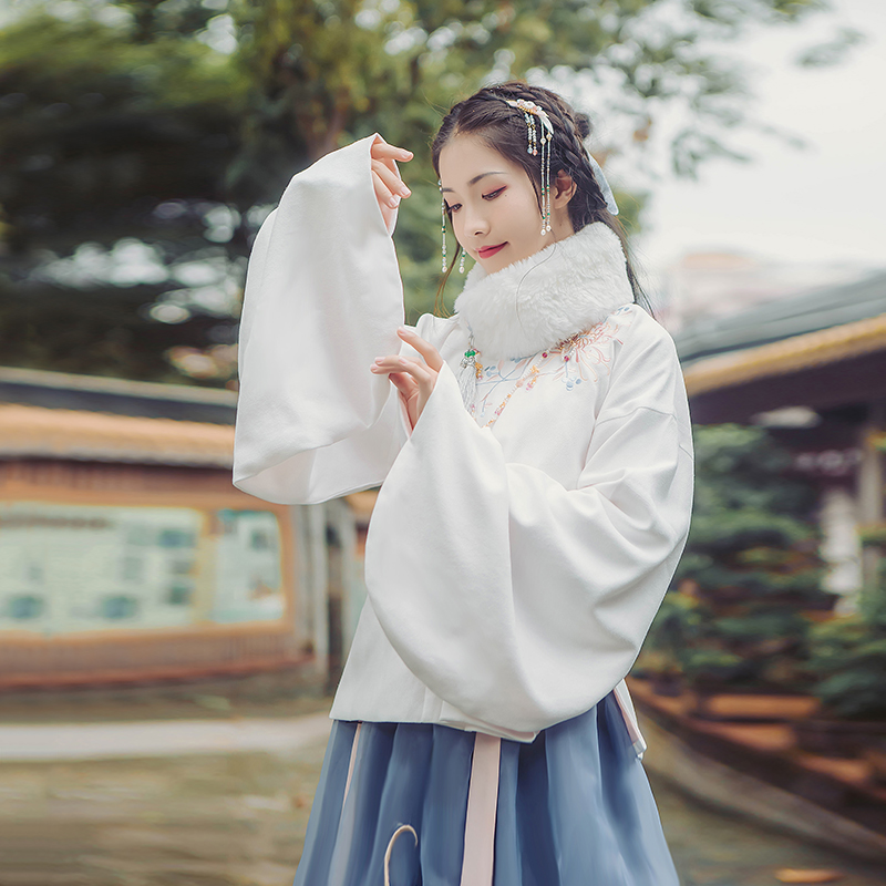 立領斜襟襖裙漢服，淡雅脫俗菊花刺繡漢服