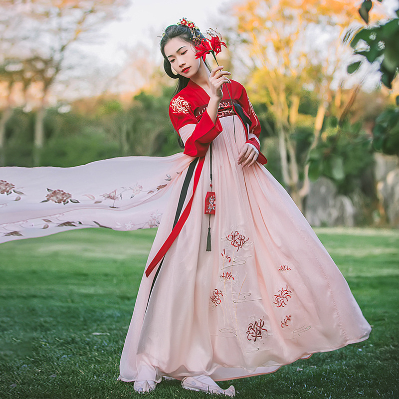 火紅彼岸花齊胸襦裙漢服，日常春夏漢服圖片