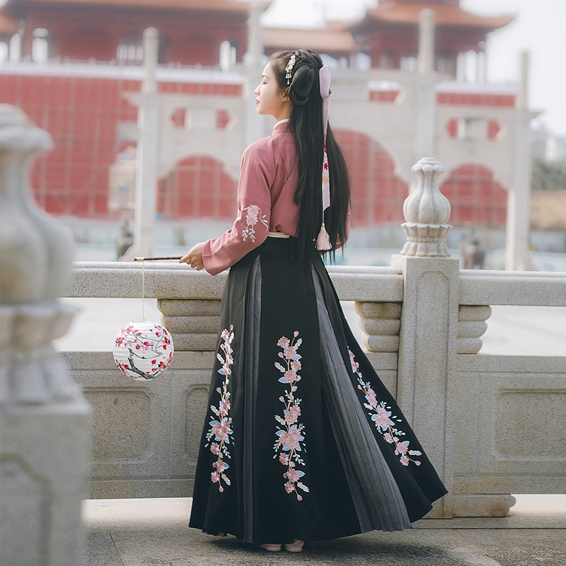 花團錦簇交領襦裙漢服，褶裙團花刺繡漢服圖片
