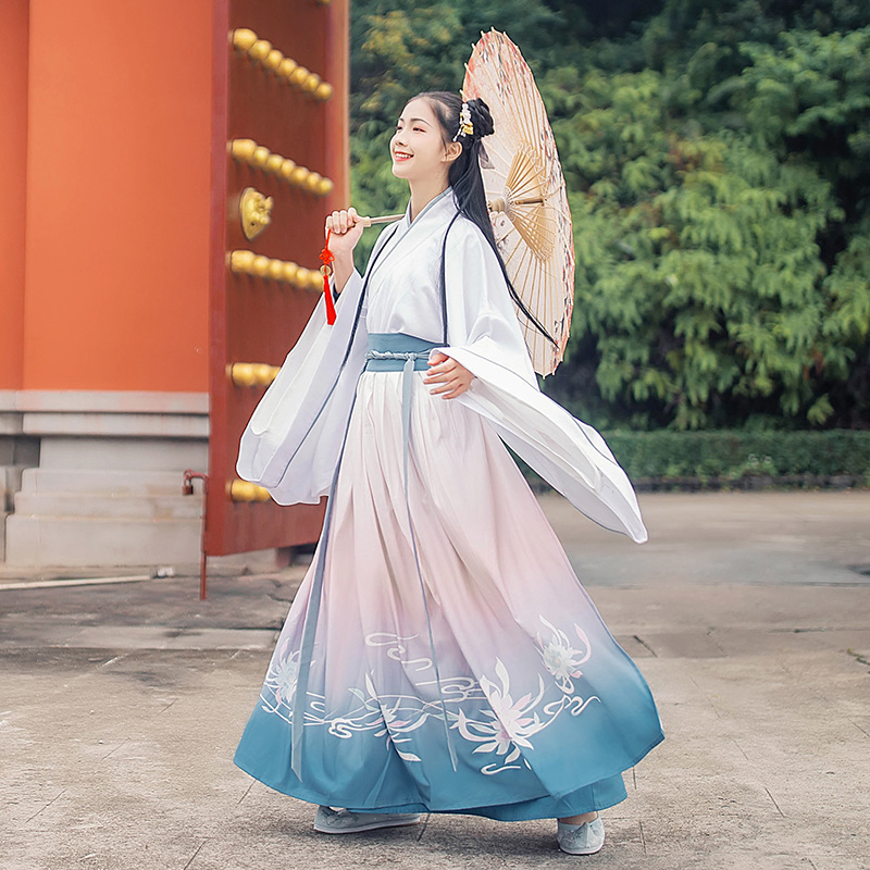 唯美曇花交領齊腰襦裙漢服，漸變印花漢服圖片