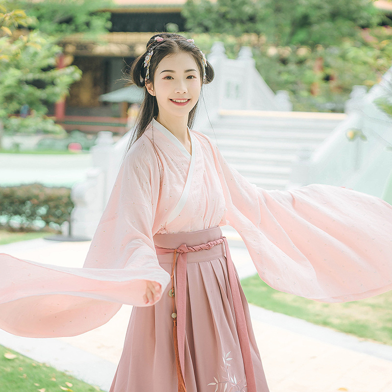 小清新粉色紫藤蘿刺繡漢服，大袖交領襦裙漢服