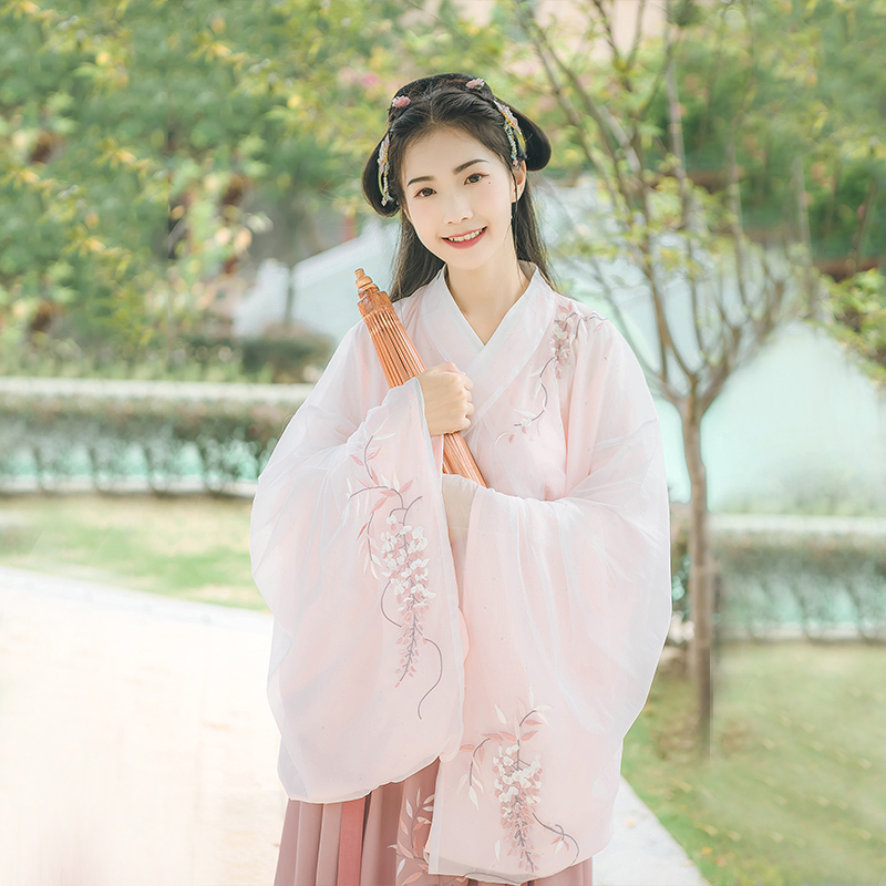 小清新粉色紫藤蘿刺繡漢服，大袖交領襦裙漢服