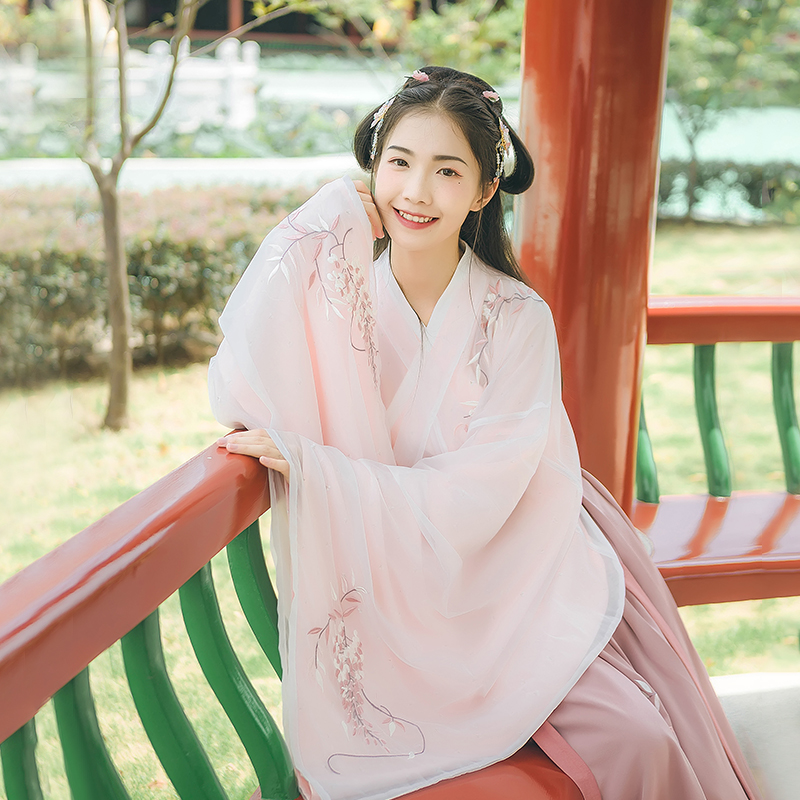 小清新粉色紫藤蘿刺繡漢服，大袖交領襦裙漢服