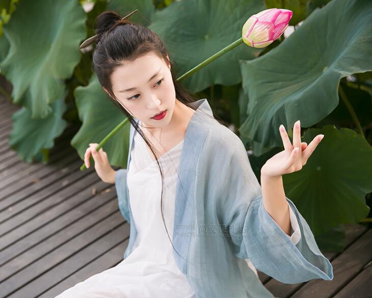 簡潔中式麻紗漢服，開衫披風褙子漢服圖片