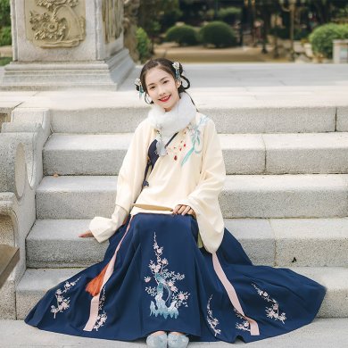 寒梅山石靈鳥繡花漢服，藏藍色傳統漢服