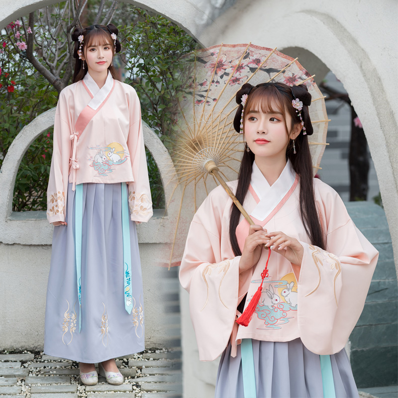 玉兔圖案傳統漢服，改良交領襖裙襦裙漢服