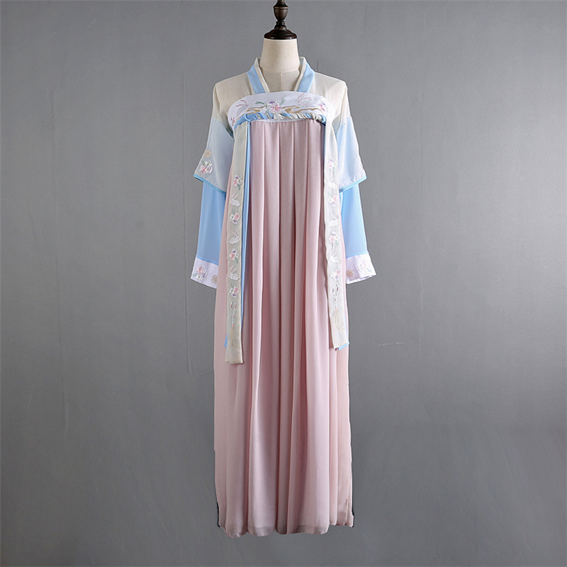 漢元素繡花仙女裙，改良漢服對(duì)襟齊胸襦裙