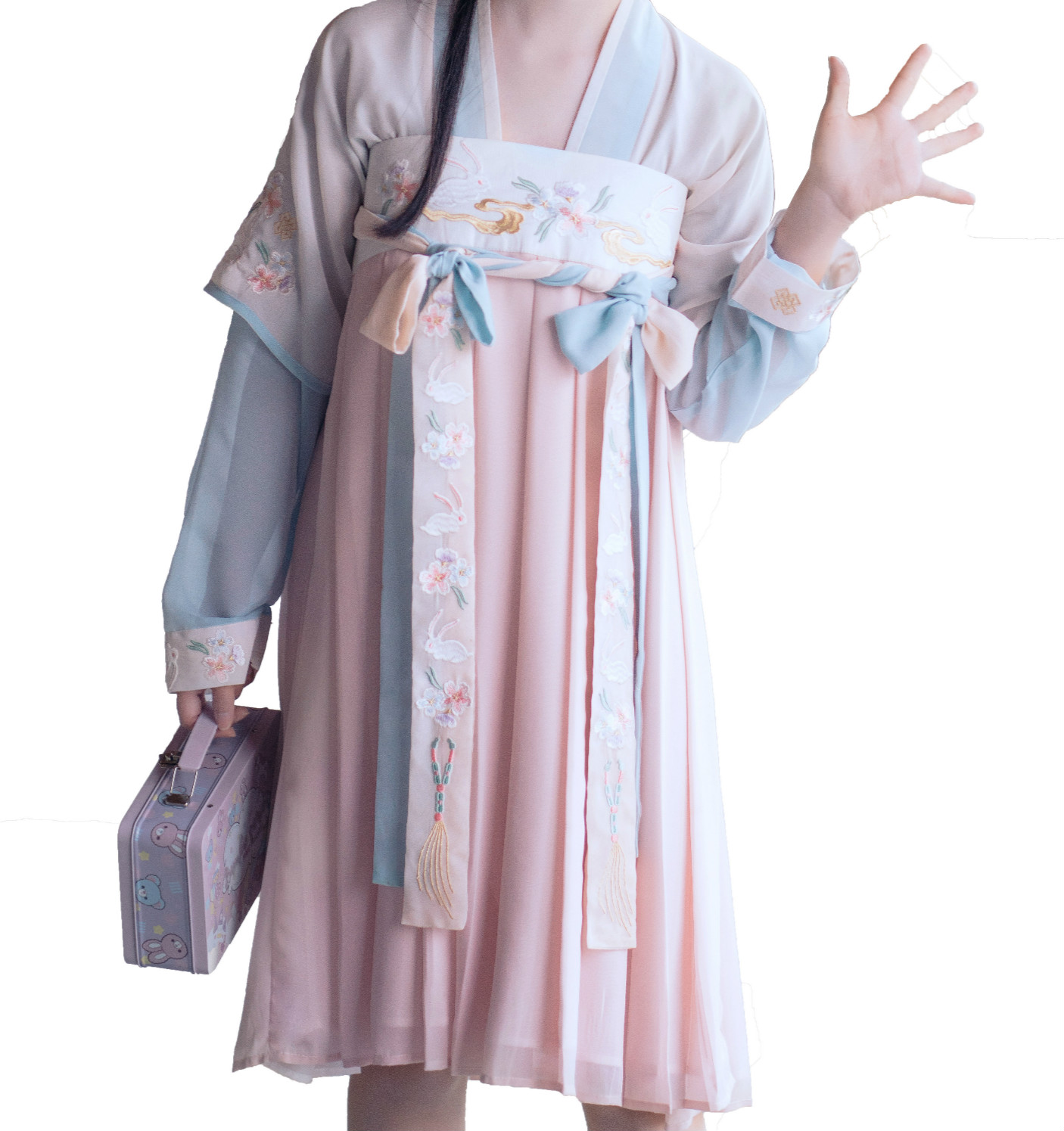 漢元素繡花仙女裙，改良漢服對(duì)襟齊胸襦裙