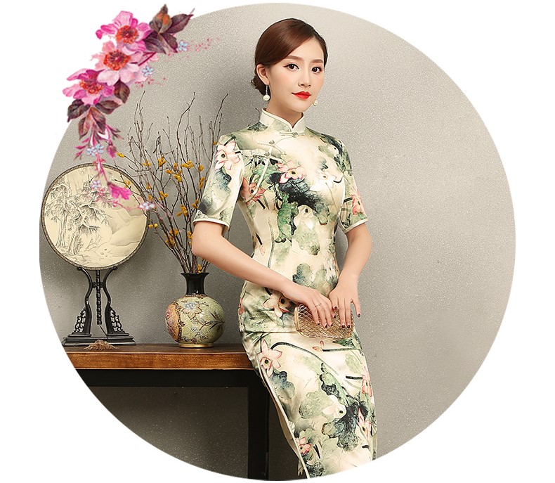 青荷古風韻味旗袍，淡雅短袖印花旗袍裙