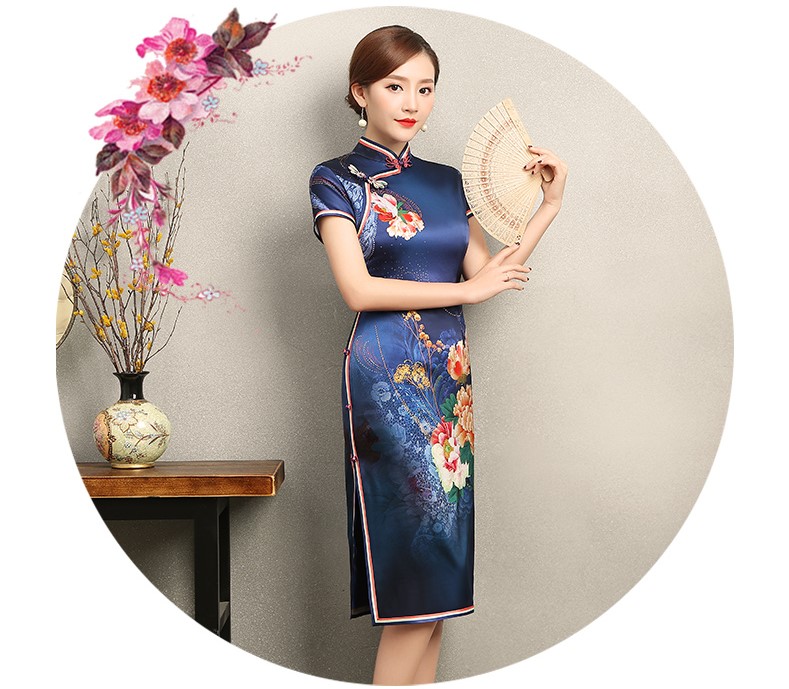 知性優雅藍色旗袍，花嬌印花短袖旗袍裙