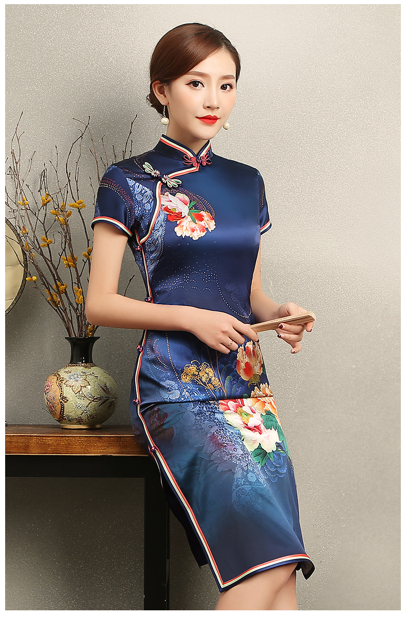 知性優雅藍色旗袍，花嬌印花短袖旗袍裙