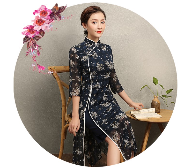 復古格子藍侶旗袍，藏藍色印花旗袍裙
