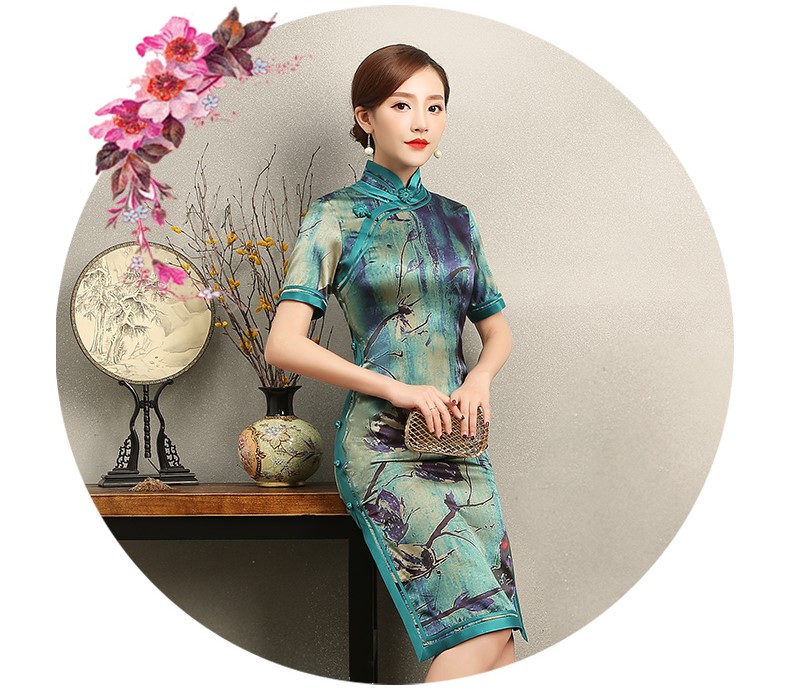 古典韻味花良旗袍，撞色花枝短袖旗袍裙