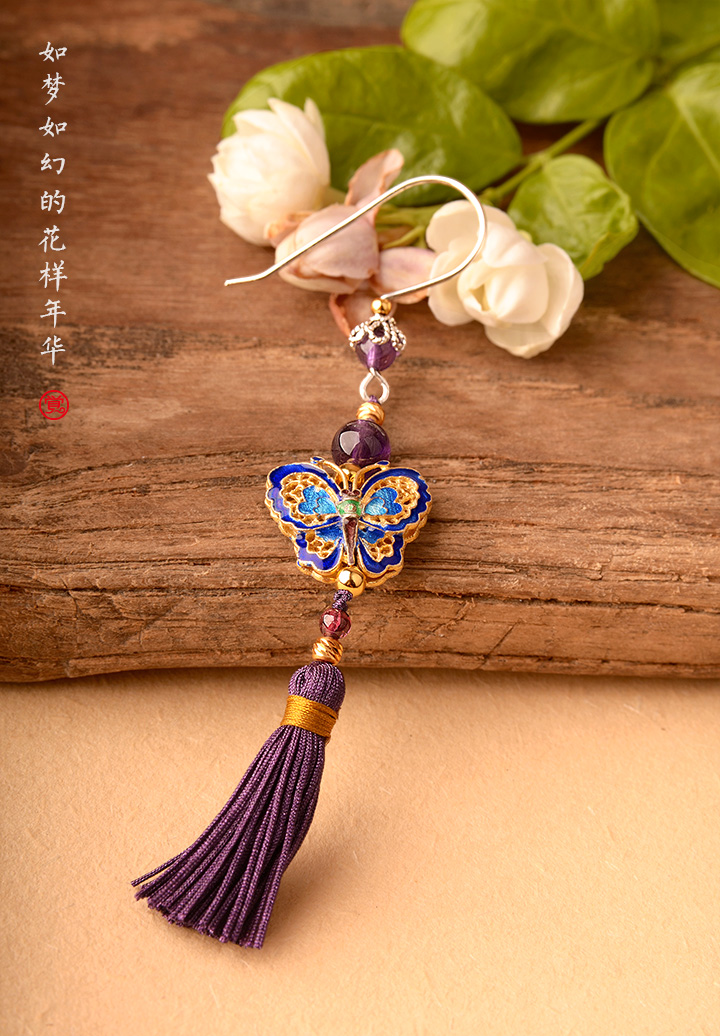 銀蝴蝶長流蘇氣質，典雅古風耳環(huán)首飾