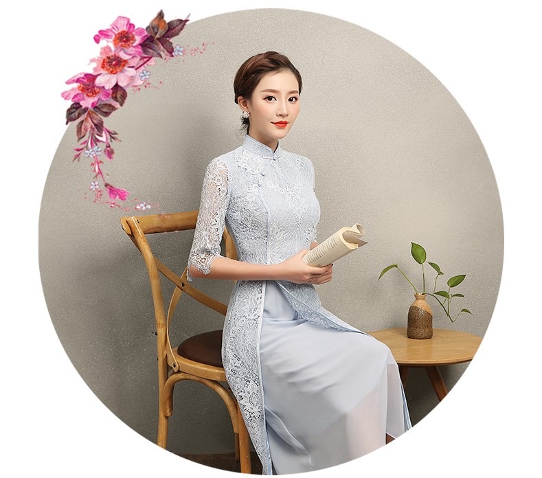 氣質素藍色蕾絲旗袍，中袖中式旗袍裙