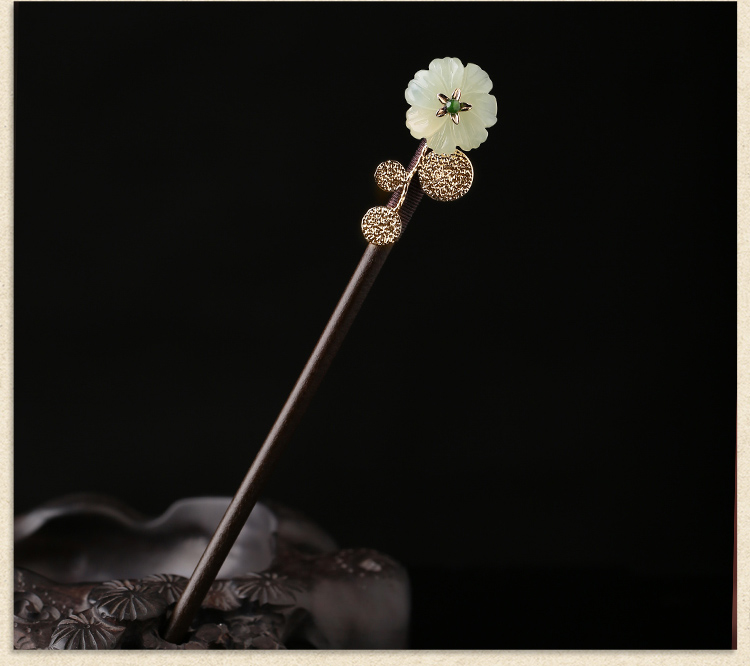 古典盤(pán)發(fā)玉花珠釵，古風(fēng)岫玉發(fā)釵發(fā)簪頭飾