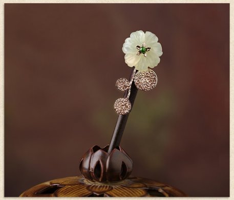 古典盤發玉花珠釵，古風岫玉發釵發簪頭飾