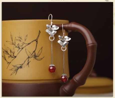 純銀花吊墜耳環(huán)，復(fù)古中國風(fēng)古典耳飾首飾