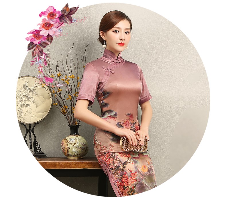 紅蓮花短袖旗袍，優(yōu)雅復(fù)古風(fēng)旗袍裙